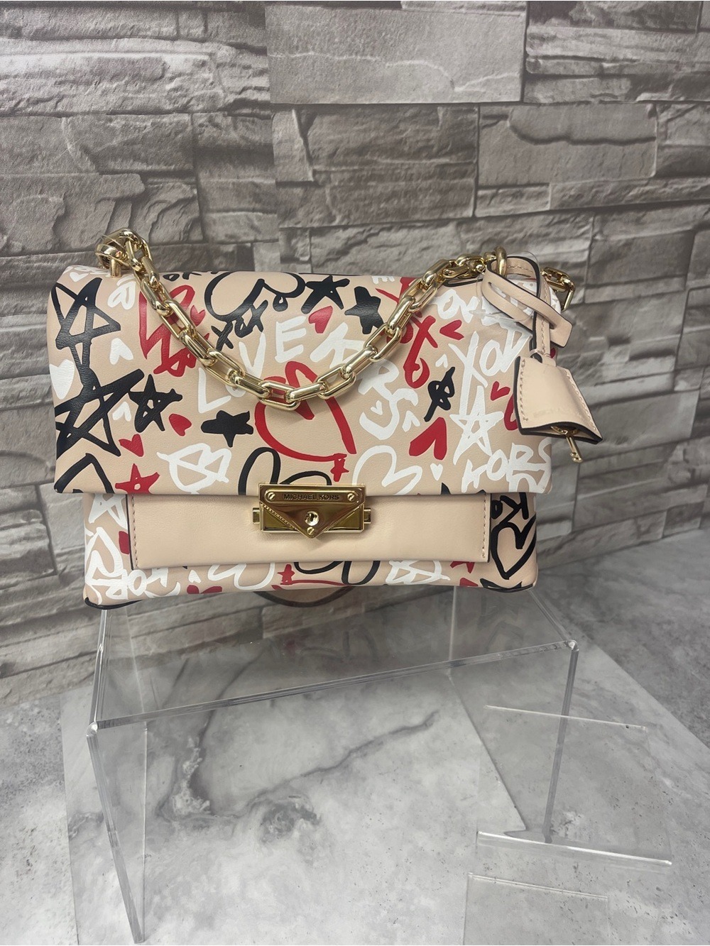 Michaek Kors Cece Medium Chain Shoulder Bag with Matching Wallet Pink Grafitti - Picture 2 of 16